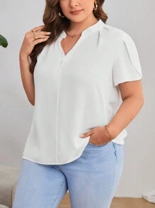 SHEIN Privé Plus Notched Neckline Petal Sleeve Blouse