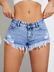 SHEIN EZwear 破洞毛邊牛仔短褲 - 中等水洗藍 - 查看 1