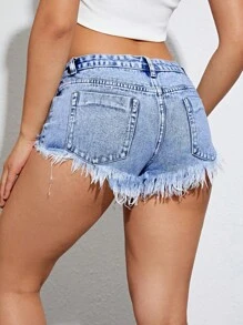 SHEIN EZwear 破洞毛邊牛仔短褲 - 中等水洗藍 - 查看 3