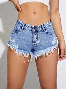 SHEIN EZwear 破洞毛邊牛仔短褲 - 中等水洗藍 - 查看 6