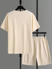 Manfinity Homme Men Solid Tee & Drawstring Waist Shorts - Beige - View 2