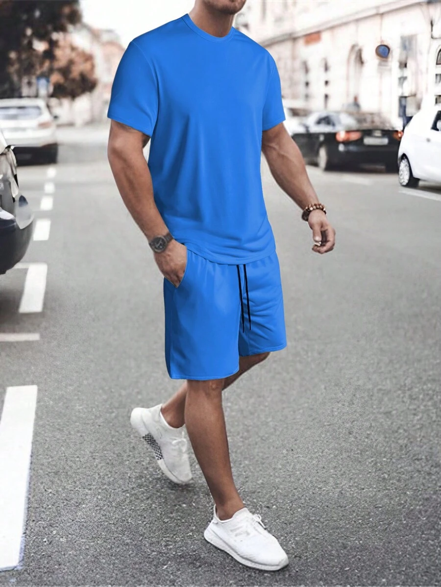 Manfinity Homme Nam Áo phông trơn & Eo dây rút Quần short - Xanh đậm - Xem 1