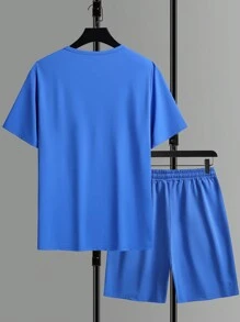 Manfinity Homme Nam Áo phông trơn & Eo dây rút Quần short - Xanh đậm - Xem 2