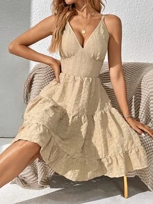 SHEIN Tall Đầm Lộ Lưng Viên lá sen màu trơn Giải trí - Màu be - Xem 3