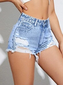 SHEIN EZwear Ripped Raw Hem Denim Shorts - Light Wash - View 1