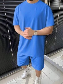 Manfinity Homme Nam Áo phông trơn & Eo dây rút Quần short - Xanh đậm - Xem 3