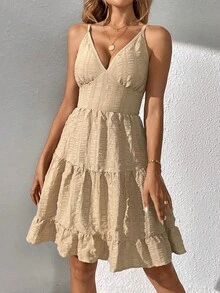 SHEIN Tall Đầm Lộ Lưng Viên lá sen màu trơn Giải trí - Màu be - Xem 4