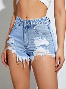 SHEIN EZwear Ripped Raw Hem Denim Shorts - Light Wash - View 6