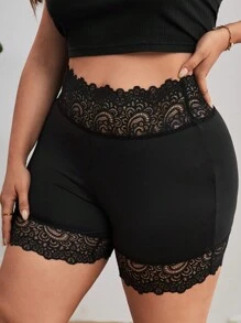 SHEIN Privé Plus Contrast Lace Trim Cycling Shorts - Black - View 3