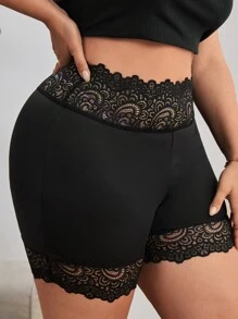 SHEIN Privé Plus Contrast Lace Trim Cycling Shorts - Black - View 4