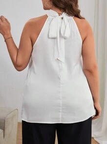 SHEIN Privé 大碼素色後綁帶襯衫 - 白色 - 查看 3