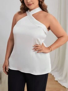 SHEIN Privé 大碼素色後綁帶襯衫 - 白色 - 查看 4