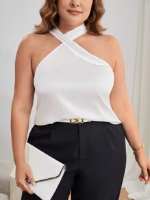 SHEIN Privé 大碼素色後綁帶襯衫 - 白色 - 查看 1