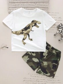 SHEIN 小男童恐龍印花T恤和迷彩印花短褲