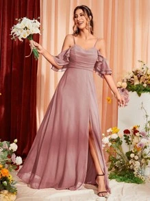 Cold Shoulder Ruffle Trim Split Thigh Chiffon Bridesmaid Dress - Dusty Pink - View 1