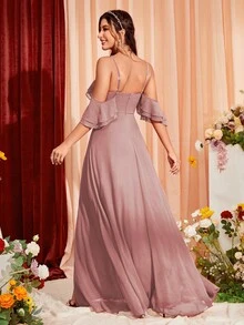 Cold Shoulder Ruffle Trim Split Thigh Chiffon Bridesmaid Dress - Dusty Pink - View 2