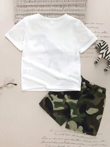 SHEIN 小男童恐龍印花T恤和迷彩印花短褲
