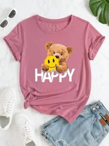 SHEIN Essnce 熊和字母圖案T恤 - 粉色 - 查看 1