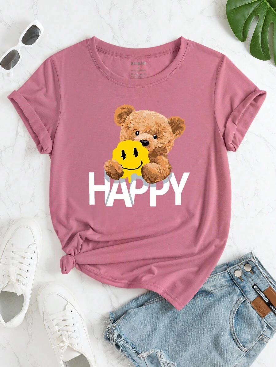 SHEIN Essnce 熊和字母圖案T恤 - 粉色 - 查看 1