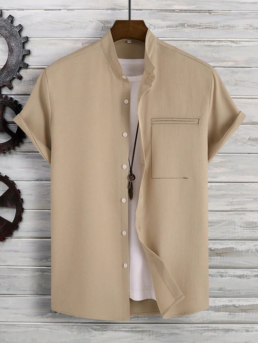 Manfinity Homme 男士素色前排扣前口袋襯衫不帶T恤 - 卡其色 - 查看 1