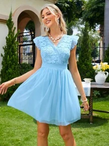 Simplee 蕾絲拼接荷葉邊網紗派對禮服 - 藍色 - 查看 1