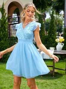 Simplee 蕾絲拼接荷葉邊網紗派對禮服 - 藍色 - 查看 3