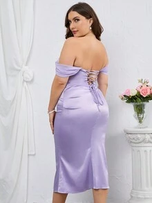 PARTHEA 大碼一字肩側收褶魚尾裙下擺緞面伴娘洋裝