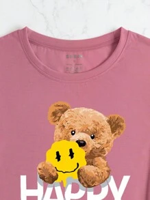 SHEIN Essnce 熊和字母圖案T恤 - 粉色 - 查看 5