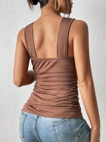 SHEIN Frenchy Solid Plunging Neck Ruched Wide Strap Top