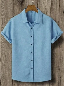 Manfinity Homme 男士素色前排扣襯衫 - 藍色 - 查看 1