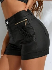 Apperloth A 高腰拉链细节斜口袋 PU 皮革短裤音乐节