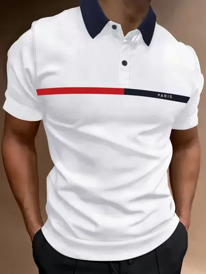 Manfinity Homme Men Letter Graphic Contrast Collar Half Button Color Block Business Casual Polo Shirt, Daddy & Boyfriend Gift, For Golf