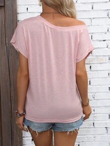 SHEIN LUNE Cut Out Batwing Sleeve Tee - Pink - View 2