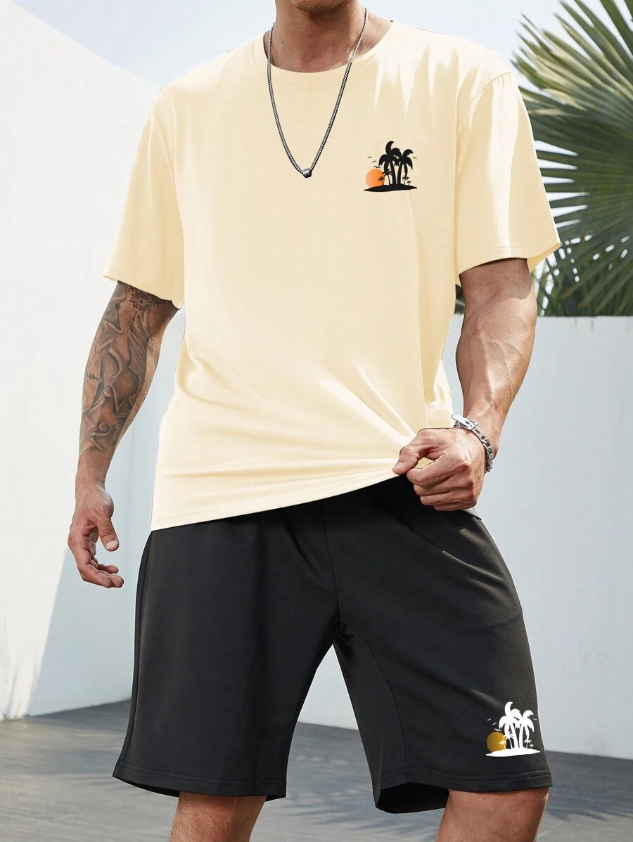 Manfinity RSRT 男士熱帶圖案T恤和短褲 - 杏色 - 查看 1