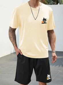 Manfinity RSRT 男士熱帶圖案T恤和短褲 - 杏色 - 查看 3