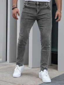 Hombres Jeans ajustados con bolsillo oblicuo - Gris - Ver 1