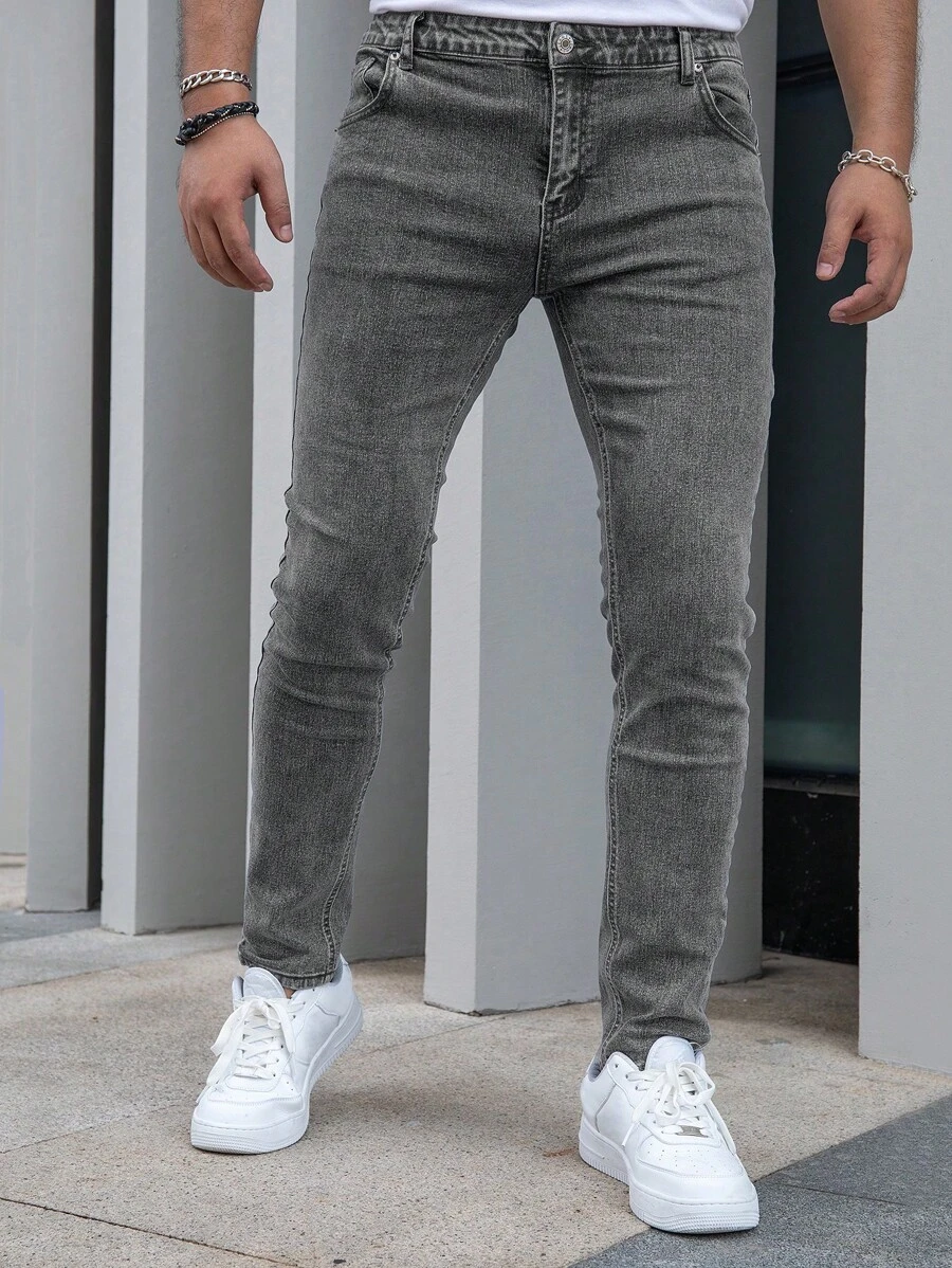 Hombres Jeans ajustados con bolsillo oblicuo - Gris - Ver 1