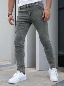 Hombres Jeans ajustados con bolsillo oblicuo - Gris - Ver 4