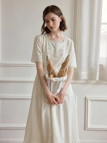 Simple Retro 方領蕾絲拼接荷葉邊連衣裙 - 白色 - 查看 5