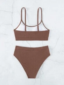 SHEIN Swim 夏季海滩罗纹针织比基尼套装带无钢圈文胸上衣和高腰比基尼下装 2 件套比基尼泳装 - 紅木色 - 查看 2