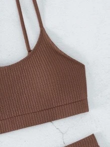 SHEIN Swim 夏季海滩罗纹针织比基尼套装带无钢圈文胸上衣和高腰比基尼下装 2 件套比基尼泳装 - 紅木色 - 查看 3