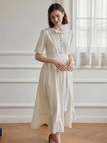 Simple Retro 方領蕾絲拼接荷葉邊連衣裙 - 白色 - 查看 7