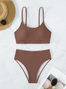 SHEIN Swim 夏季海滩罗纹针织比基尼套装带无钢圈文胸上衣和高腰比基尼下装 2 件套比基尼泳装 - 紅木色 - 查看 4