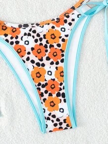 Floral Print Halter Triangle Bikini Set For Summer Beach - Multicolor - View 3