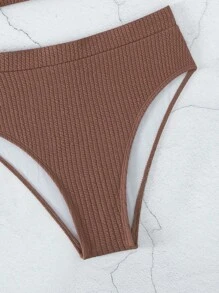 SHEIN Swim 夏季海滩罗纹针织比基尼套装带无钢圈文胸上衣和高腰比基尼下装 2 件套比基尼泳装 - 紅木色 - 查看 5