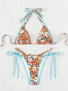 Floral Print Halter Triangle Bikini Set For Summer Beach - Multicolor - View 4