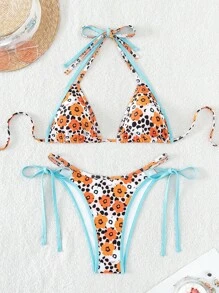 Floral Print Halter Triangle Bikini Set For Summer Beach - Multicolor - View 7