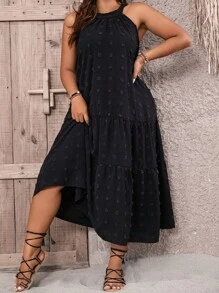 SHEIN LUNE Plus Swiss Dot Ruffle Hem Halter Neck Dress - Black - View 1