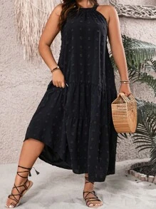 SHEIN LUNE Plus Swiss Dot Ruffle Hem Halter Neck Dress - Black - View 4