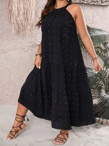 SHEIN LUNE Plus Swiss Dot Ruffle Hem Halter Neck Dress - Black - View 5